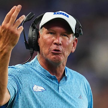 Aug 29, 2024; Kansas City, Kansas, USA; Kansas Jayhawks head coach Lance Leipold reacts during the first half against the Lindenwood Lions at Children's Mercy Park. Mandatory Credit: Jay Biggerstaff-Imagn Images