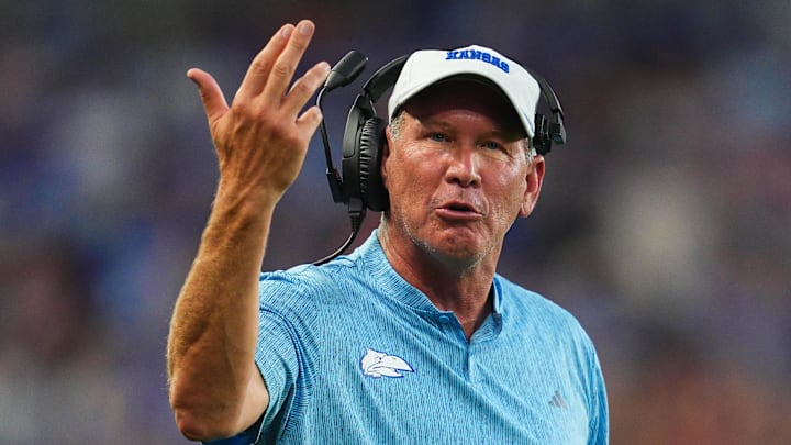 Aug 29, 2024; Kansas City, Kansas, USA; Kansas Jayhawks head coach Lance Leipold reacts during the first half against the Lindenwood Lions at Children's Mercy Park. Mandatory Credit: Jay Biggerstaff-Imagn Images