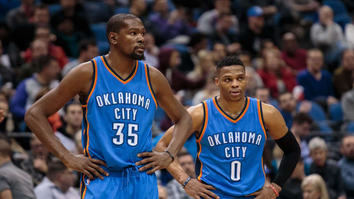 Jan 27, 2016; Minneapolis, MN, USA; Oklahoma City Thunder forward Kevin Durant (35) and guard Russell Westbrook (0) in the third quarter against the Minnesota Timberwolves at Target Center. The Oklahoma City Thunder beat the Minnesota Timberwolves 126-123. Mandatory Credit: Brad Rempel-USA TODAY Sports