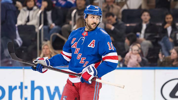 Apr 5, 2026; New York, New York, USA; New York Rangers center Vincent Trocheck (16) skates against the Washington Capitals during the first period at Madison Square Garden. Mandatory Credit: Danny Wild-Imagn Images