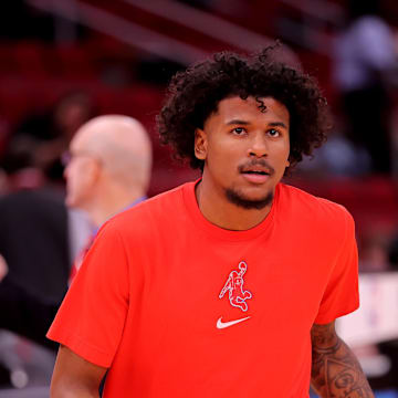 Apr 9, 2024; Houston, Texas, USA; Houston Rockets guard Jalen Green (4) warms up prior to the game against the Orlando Magic at Toyota Center. Mandatory Credit: Erik Williams-Imagn Images