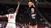 Indiana post player Lilly Meister attempts a shot over the top of Utah's Maye Toure during Indiana's 76-68 victory in the first round of the 2025 NCAA Women's Basketball Tournament on March 21, 2025 at Colonial Life Arena in Columbia, S.C.