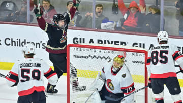 Dec 19, 2023; Tempe, Arizona, USA; Ottawa Senators goaltender Joonas Korpisalo (70) gives up a gaol