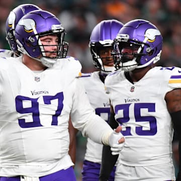 Sep 14, 2023; Philadelphia, Pennsylvania, USA; Minnesota Vikings defensive tackle Harrison Phillips (97) with teammates against the Philadelphia Eagles at Lincoln Financial Field. Mandatory Credit: Eric Hartline-Imagn Images