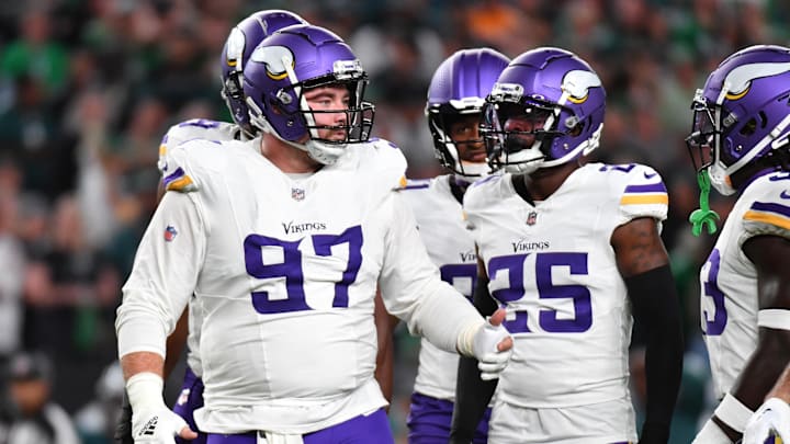 Sep 14, 2023; Philadelphia, Pennsylvania, USA; Minnesota Vikings defensive tackle Harrison Phillips (97) with teammates against the Philadelphia Eagles at Lincoln Financial Field. Mandatory Credit: Eric Hartline-Imagn Images