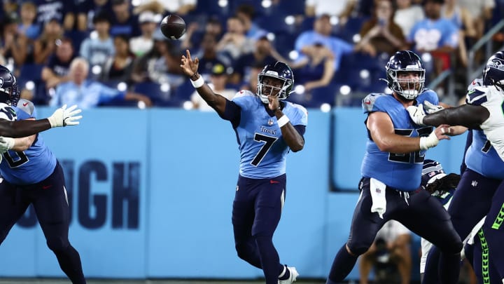 Aug 17, 2024; Nashville, Tennessee, USA; Tennessee Titans quarterback Malik Willis (7) throws the ball late in the fourth quarter against the Seattle Seahawks at Nissan Stadium. Mandatory Credit: Casey Gower-USA TODAY Sports