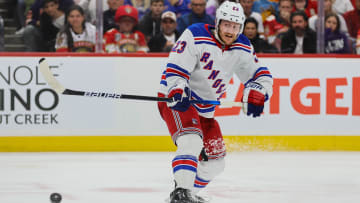 May 28, 2024; Sunrise, Florida, USA; New York Rangers defenseman Adam Fox (23) shoots the puck against the Florida Panthers during the third period in game four of the Eastern Conference Final of the 2024 Stanley Cup Playoffs at Amerant Bank Arena. Mandatory Credit: Sam Navarro-USA TODAY Sports