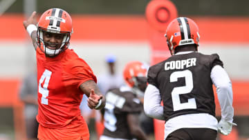 May 25, 2022; Berea, OH, USA; Cleveland Browns quarterback Deshaun Watson (4) runs the offense with wide receiver Amari Cooper (2) during organized team activities at CrossCountry Mortgage Campus. Mandatory Credit: Ken Blaze-USA TODAY Sports