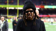 Recording artist Jay-Z arrives before Super Bowl LIX between the Philadelphia Eagles and the Kansas City Chiefs.