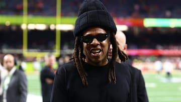 Recording artist Jay-Z arrives before Super Bowl LIX between the Philadelphia Eagles and the Kansas City Chiefs.