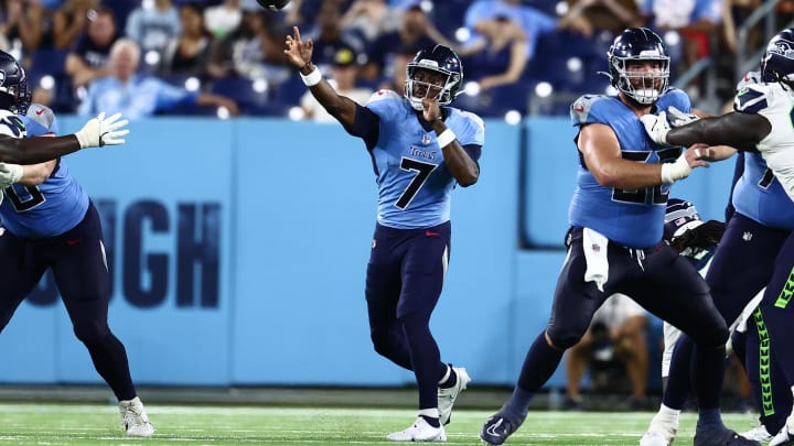 Aug 17, 2024; Nashville, Tennessee, USA; Tennessee Titans quarterback Malik Willis (7) throws the ball late in the fourth quarter against the Seattle Seahawks at Nissan Stadium. Mandatory Credit: Casey Gower-USA TODAY Sports