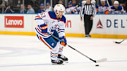 Mar 16, 2025; New York, New York, USA; Edmonton Oilers left wing Jeff Skinner (53) skates with the puck against the New York Rangers during the first period at Madison Square Garden. Mandatory Credit: Danny Wild-Imagn Images
