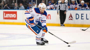Mar 16, 2025; New York, New York, USA; Edmonton Oilers left wing Jeff Skinner (53) skates with the puck against the New York Rangers during the first period at Madison Square Garden. Mandatory Credit: Danny Wild-Imagn Images