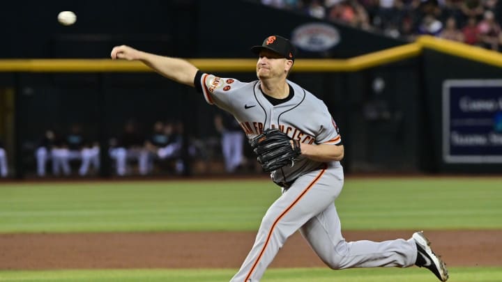 Sep 19, 2023; Phoenix, Arizona, USA; San Francisco Giants starting pitcher Alex Cobb (38) throws in the first inning against the Arizona Diamondbacks at Chase Field.