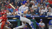 Jun 10, 2025; Philadelphia, Pennsylvania, USA; Chicago Cubs outfielder Kyle Tucker (30) hits an RBI single during the eighth inning against the Philadelphia Phillies at Citizens Bank Park. Mandatory Credit: Eric Hartline-Imagn Images