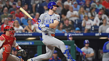 Jun 10, 2025; Philadelphia, Pennsylvania, USA; Chicago Cubs outfielder Kyle Tucker (30) hits an RBI single during the eighth inning against the Philadelphia Phillies at Citizens Bank Park. Mandatory Credit: Eric Hartline-Imagn Images