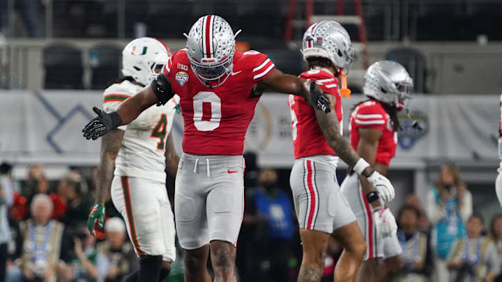 Dec 31, 2025; Arlington, TX, USA; Ohio State Buckeyes linebacker Sonny Styles (0) reacts in the in the second quarter against the Miami Hurricanes during the 2025 Cotton Bowl and quarterfinal game of the College Football Playoff at AT&T Stadium. Mandatory Credit: Raymond Carlin III-Imagn Images