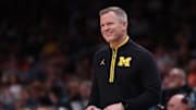 Mar 28, 2025; Atlanta, GA, USA; Michigan Wolverines head coach Dusty May in the first half of a South Regional semifinal of the 2025 NCAA tournament against the Auburn Tigers at State Farm Arena. Mandatory Credit: Brett Davis-Imagn Images
