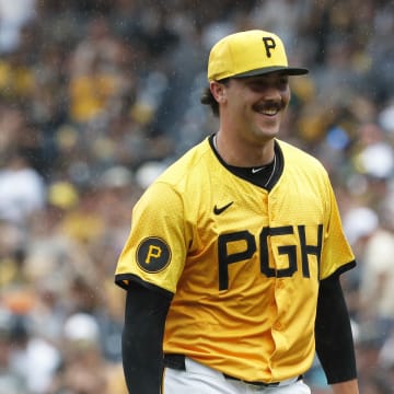 Pittsburgh Pirates starting pitcher Paul Skenes (30) reacts after pitching the seventh inning against the Tampa Bay Rays at PNC Park on June 23.