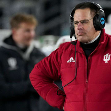 Indiana head coach Curt Cignetti watches the second half of a game between the Indiana Hoosiers and the Notre Dame Fighting Irish in first round of the College Football Playoff on Saturday, Dec. 21, 2024, in South Bend. Notre Dame defeated Indiana 27-17.