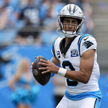 Sep 15, 2024; Charlotte, North Carolina, USA; Carolina Panthers quarterback Bryce Young (9) throws against the Los Angeles Chargers during the second half at Bank of America Stadium. Mandatory Credit: Jim Dedmon-Imagn Images