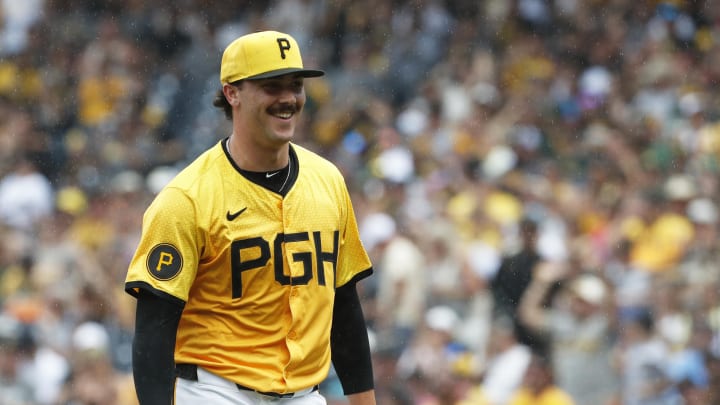Pittsburgh Pirates starting pitcher Paul Skenes (30) reacts after pitching the seventh inning against the Tampa Bay Rays at PNC Park on June 23.