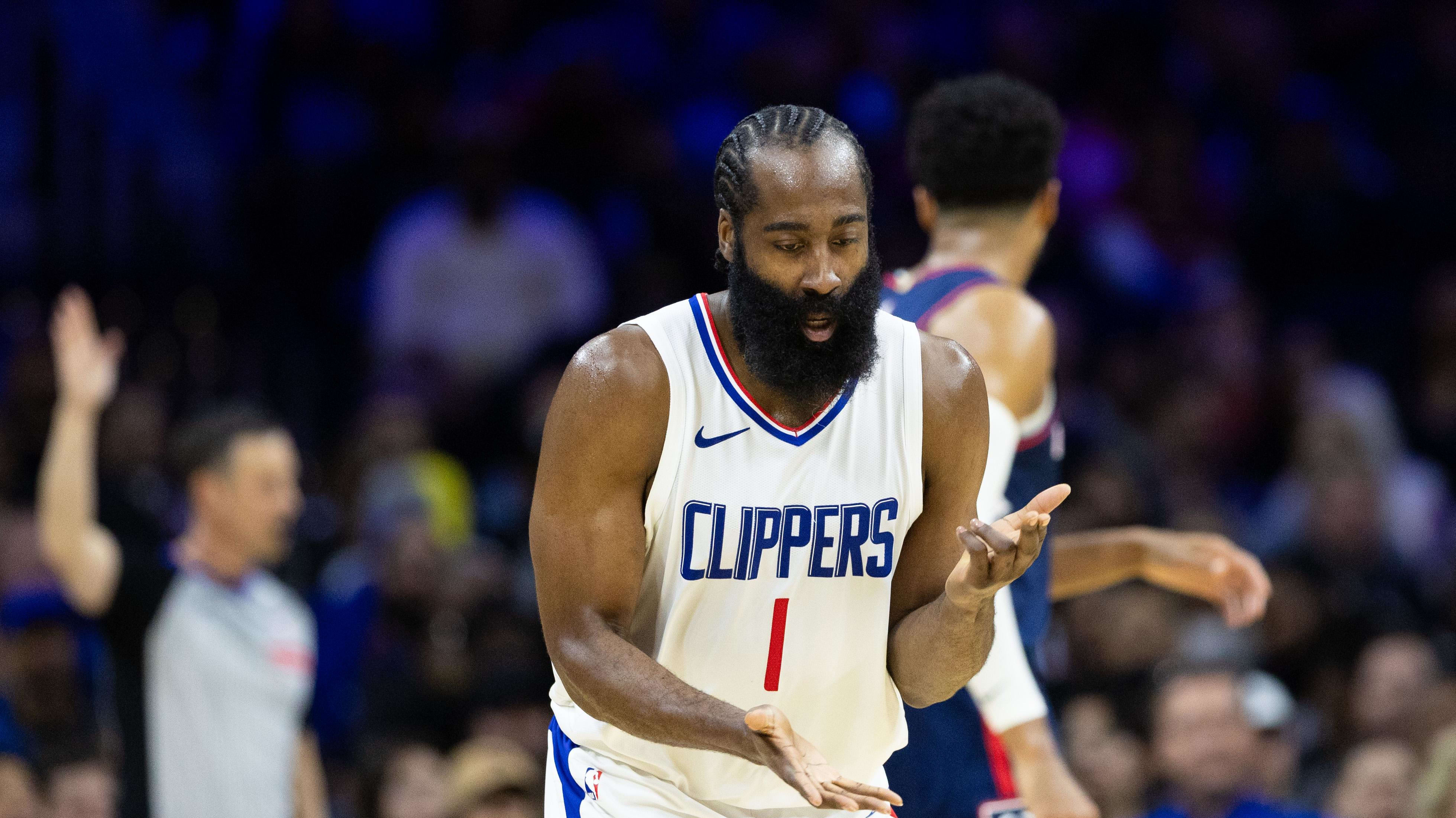 Mar 27, 2024; Philadelphia, Pennsylvania, USA; LA Clippers guard James Harden (1) reacts to his