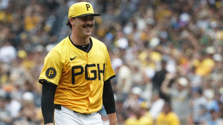 Jun 23, 2024; Pittsburgh, Pennsylvania, USA;  Pittsburgh Pirates starting pitcher Paul Skenes (30) reacts after pitching the seventh inning against the Tampa Bay Rays at PNC Park. Mandatory Credit: Charles LeClaire-USA TODAY Sports