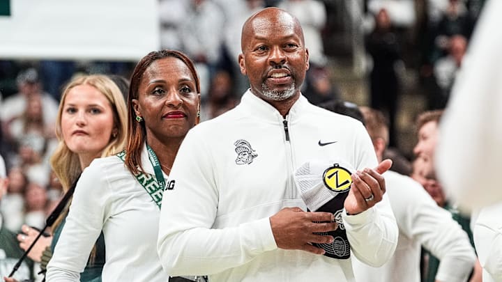 Michigan State athletic director Alan Haller watches senior celebration after 79-62 win over Michigan at Breslin Center in East Lansing on Sunday, March 9, 2025.