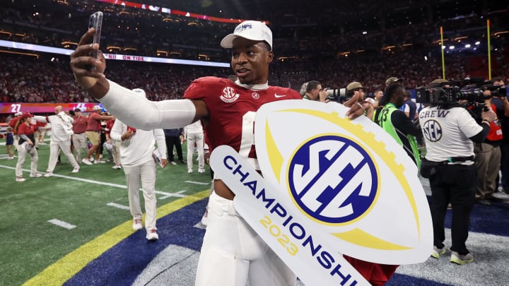 Dec 2, 2023; Atlanta, GA, USA; Alabama Crimson Tide defensive back Jaylen Key (6) celebrates after defeating the Georgia Bulldogs in the SEC championship game at Mercedes-Benz Stadium. 