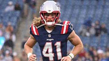 August 8, 2024; Foxborough, MA, USA;  New England Patriots safety Brenden Schooler (41) warms up before a game against the Carolina Panthers at Gillette Stadium. Mandatory Credit: Eric Canha-Imagn Images