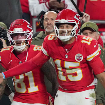 Oct 27, 2025; Kansas City, Missouri, USA; Kansas City Chiefs wide receiver Rashee Rice (4) celebrates after scoring a touchdown against the Washington Commanders with quarterback Patrick Mahomes (15) during the fourth quarter of the game at GEHA Field at Arrowhead Stadium. Mandatory Credit: Denny Medley-Imagn Images