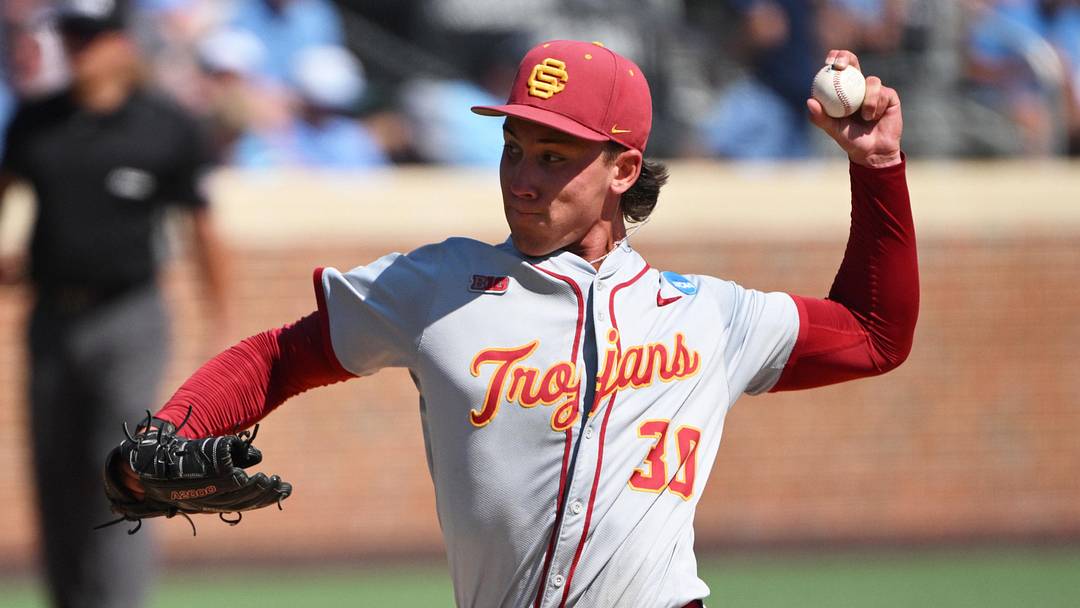Jun 5, 2026; Chapel Hill, NC, USA;  USC Trojans pitcher Mason Edwards  (30) pitches the ball to the North Carolina Tar Heels during the third inning at Boshamer Stadium. Mandatory Credit: Zachary Taft-Imagn Images