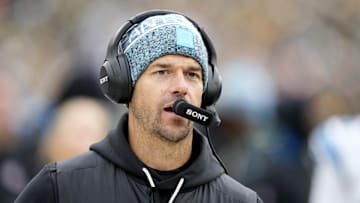 Nov 2, 2025; Green Bay, Wisconsin, USA; Carolina Panthers head coach Dave Canales during the second half against the Green Bay Packers at Lambeau Field. 