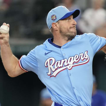 Jun 23, 2024; Arlington, Texas, USA; Texas Rangers starting pitcher Max Scherzer (31) delivers a pitch to the Kansas City Royals during the first inning at Globe Life Field. 
