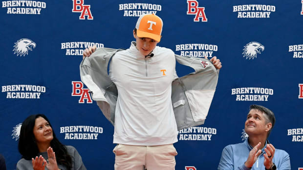 Brentwood Academy quarterback George MacIntyre announces his commitment to the University of Tennessee in January 2024.