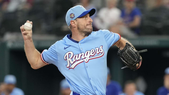 Jun 23, 2024; Arlington, Texas, USA; Texas Rangers starting pitcher Max Scherzer (31) delivers a pitch to the Kansas City Royals during the first inning at Globe Life Field. Mandatory Credit: Jim Cowsert-USA TODAY Sports