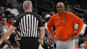 Mar 12, 2025; Charlotte, NC, USA; Syracuse Orange head coach Adrian Autrey reacts to a call by the official  during the second half against the Southern Methodist Mustangs at Spectrum Center. Mandatory Credit: Jim Dedmon-Imagn Images