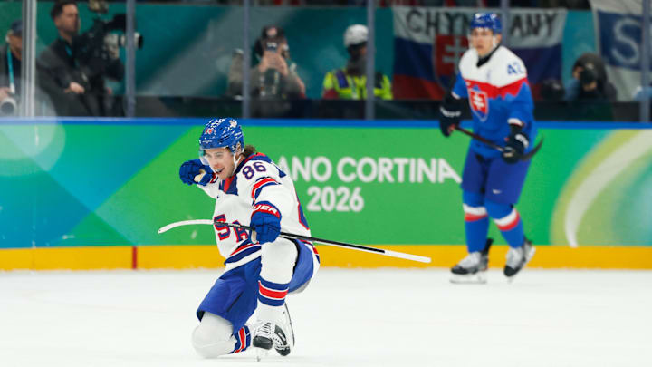 Jack Hughes (86) of the United States celebrates after scoring a goal during the Milano Cortina 2026 Olympic Winter Games: Geoff Burke-Imagn Images