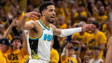 Apr 29, 2025; Indianapolis, Indiana, USA; Indiana Pacers guard Tyrese Haliburton (0) celebrates a made basket during game five of the first round for the 2024 NBA Playoffs against the Milwaukee Bucks  at Gainbridge Fieldhouse. Mandatory Credit: Trevor Ruszkowski-Imagn Images