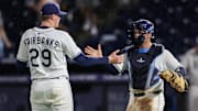 Sep 4, 2025; Tampa, Florida, USA; Tampa Bay Rays pitcher Pete Fairbanks (29) is greeted by catcher Nick Fortes (40) after beating the Cleveland Guardians at George M. Steinbrenner Field. Mandatory Credit: Nathan Ray Seebeck-Imagn Images