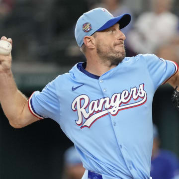 Jun 23, 2024; Arlington, Texas, USA; Texas Rangers starting pitcher Max Scherzer (31) delivers a pitch to the Kansas City Royals during the first inning at Globe Life Field.