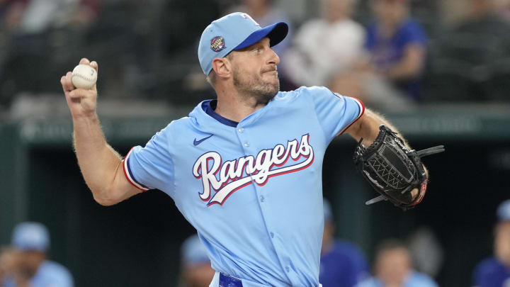 Jun 23, 2024; Arlington, Texas, USA; Texas Rangers starting pitcher Max Scherzer (31) delivers a pitch to the Kansas City Royals during the first inning at Globe Life Field.