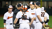 Oregon State players huddle Nelson Keljo (36) on the mound during an NCAA college baseball game at Goss Stadium on Friday, March 7, 2025, in Corvallis, Ore.