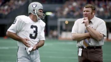 Dec 23, 1972; Pittsburgh, PA, USA; FILE PHOTO; Oakland Raiders quarterback (3) Daryle Lamonica talks with head coach John Madden against the Pittsburgh Steelers during the 1972 AFC Divisional Playoff game at Three Rivers Stadium. The Steelers defeated the Raiders 13-7. Mandatory Credit: Tony Tomsic-USA TODAY NETWORK