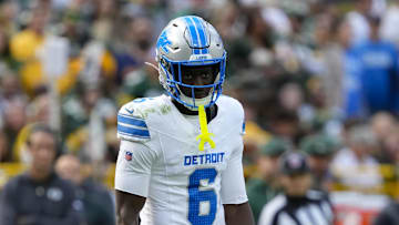 Sep 7, 2025; Green Bay, Wisconsin, USA;  Detroit Lions cornerback Terrion Arnold (6) during the game against the Green Bay Packers at Lambeau Field. Mandatory Credit: Jeff Hanisch-Imagn Images