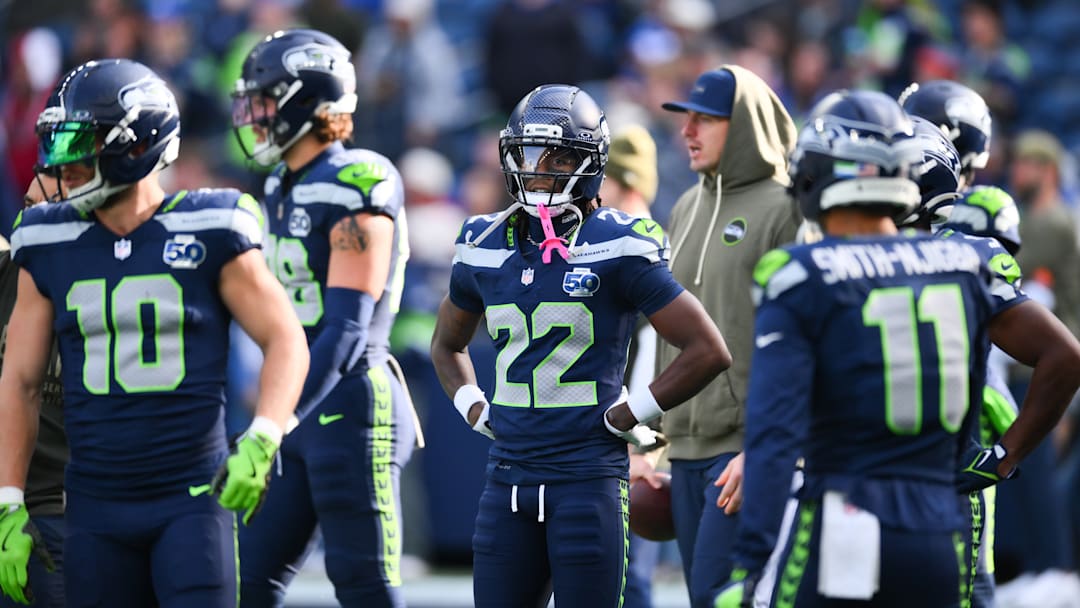 Nov 9, 2025; Seattle, Washington, USA; Seattle Seahawks wide receiver Rashid Shaheed (22) looks on before the game against the Arizona Cardinals at Lumen Field. 