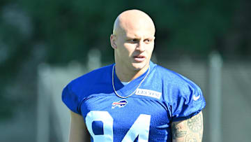 Jul 23, 2025; Rochester, NY, USA; Buffalo Bills defensive end Landon Jackson (94) warms up during training camp at St. John Fisher University. Mandatory Credit: Mark Konezny-Imagn Images