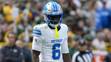 Sep 7, 2025; Green Bay, Wisconsin, USA;  Detroit Lions cornerback Terrion Arnold (6) during the game against the Green Bay Packers at Lambeau Field. Mandatory Credit: Jeff Hanisch-Imagn Images