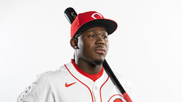 Feb 18, 2025; Goodyear, AZ, USA; Cincinnati Reds outfielder Hector Rodriguez poses for a portrait during Media Day at the Cincinnati Reds Development Complex. Mandatory Credit: Mark J. Rebilas-Imagn Images